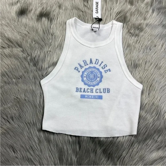 Garage White Blue High Neck Waffle Tank Top XS - Picture 1 of 5